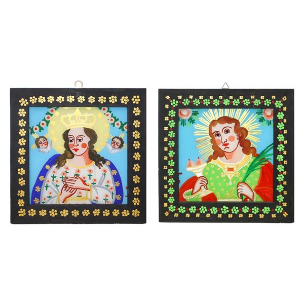 Pair of glass paintings of the Immaculate Conception and Saint Agatha