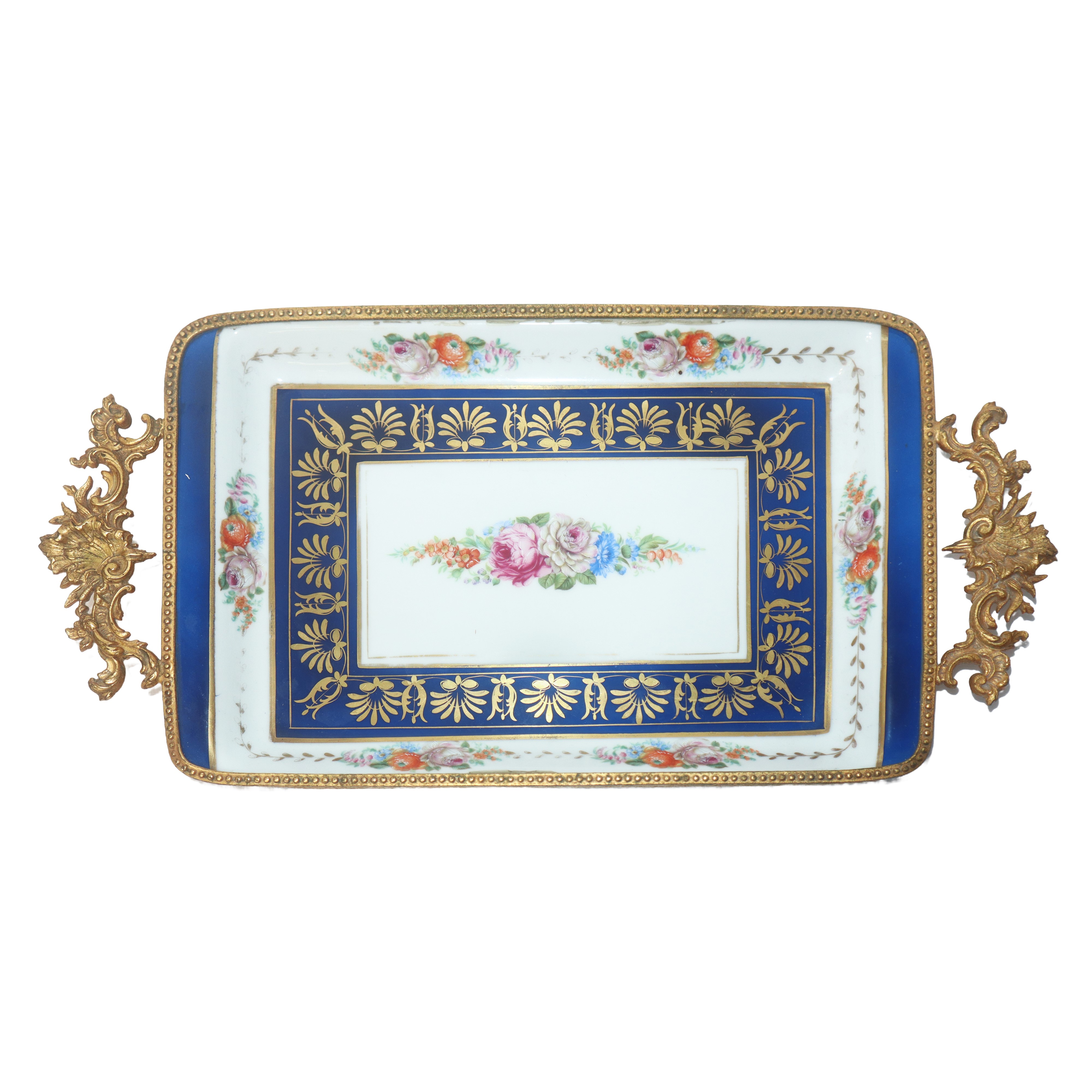 Tête-à-tête con vassoietto e due tazze con decori in blu a motivi floreali con smalti e dorature