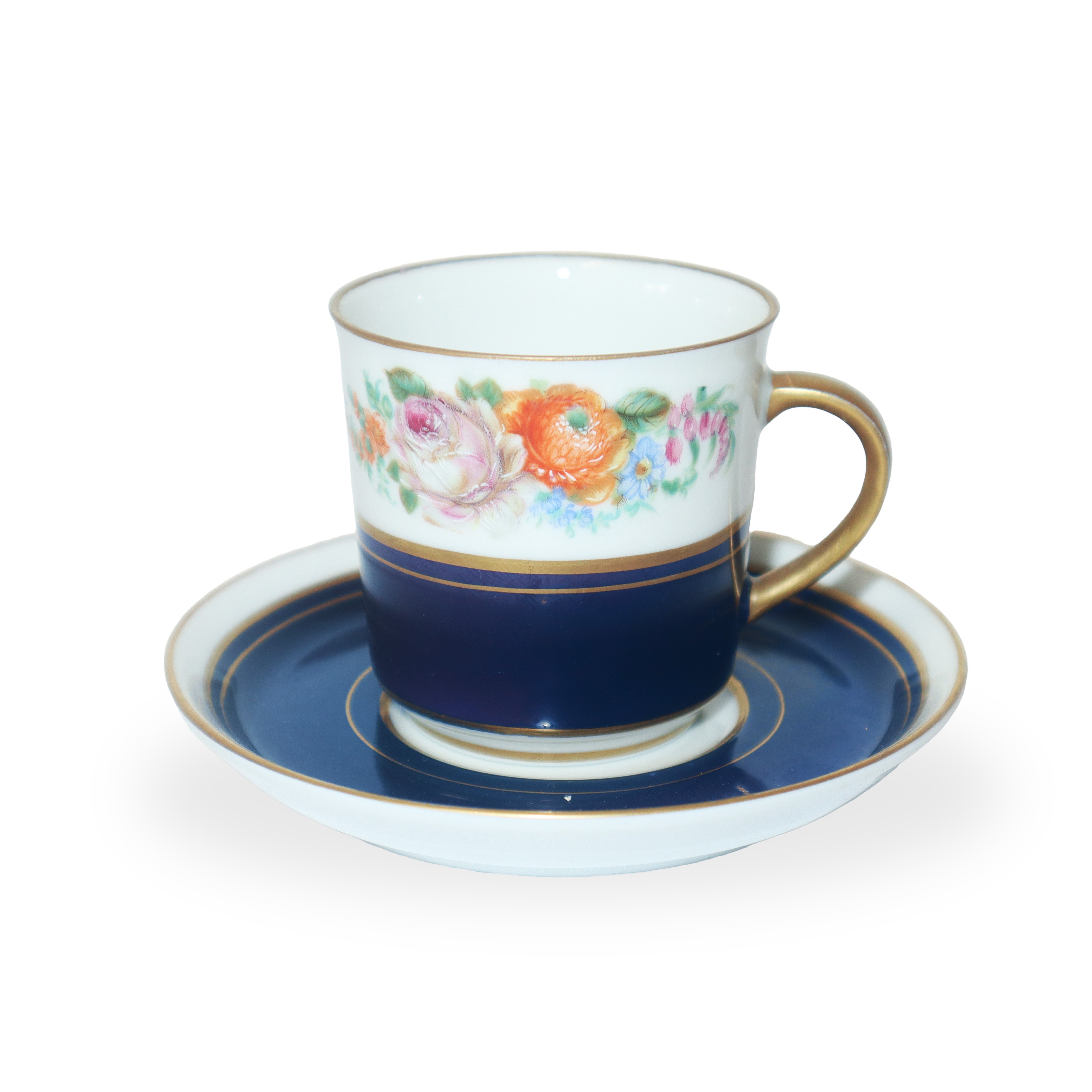 Tête-à-tête con vassoietto e due tazze con decori in blu a motivi floreali con smalti e dorature