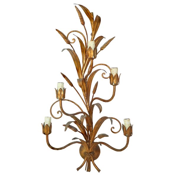 Five-light wall lamp in golden sheet metal with ears of wheat