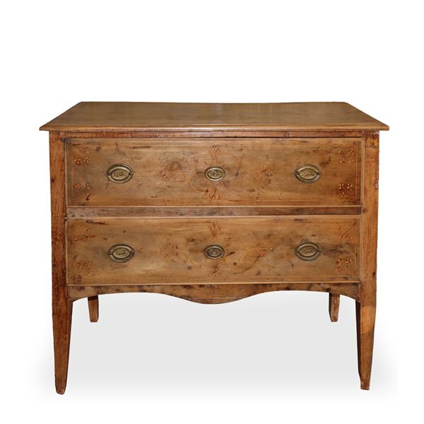 Louis XVI chest of drawers with two drawers, in walnut wood with jasmine inlays