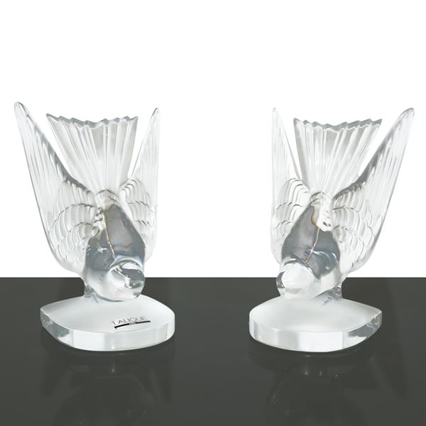 Lalique Paris - Swallow bookends in modeled and frosted crystal