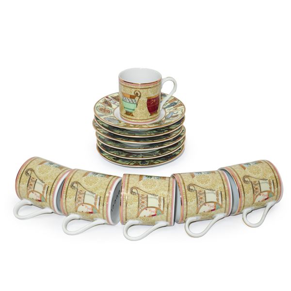 Gucci - Servizio da caffè con sei tazze con piattini in porcellana con finiture oro e disegni pompeiani