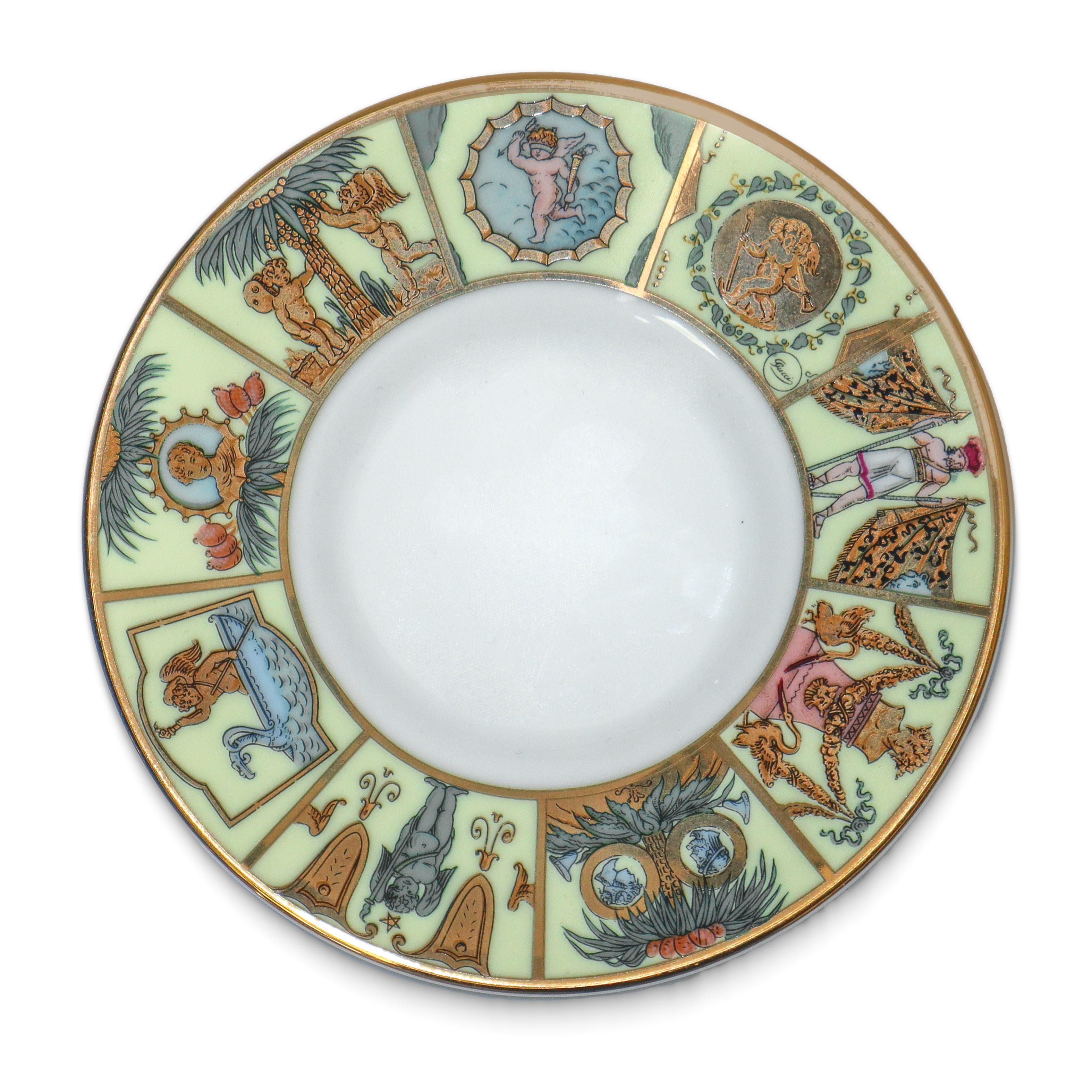 Servizio da caffè con sei tazze con piattini in porcellana con finiture oro e disegni pompeiani