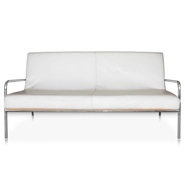 Sofa produced. Italian Alivar with chromed structure and white leather upholstery and light wood support backrest