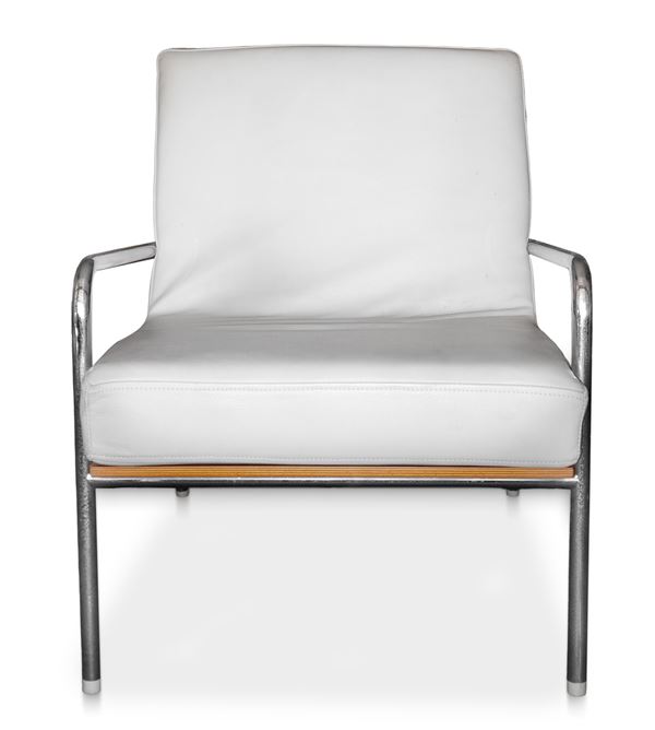 Armchair produced. Italian Alivar with chromed structure and white leather upholstery and light wood support backrest