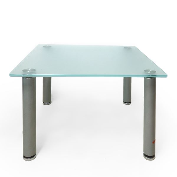 Low table produced. Italian with satin glass top and gray steel feet