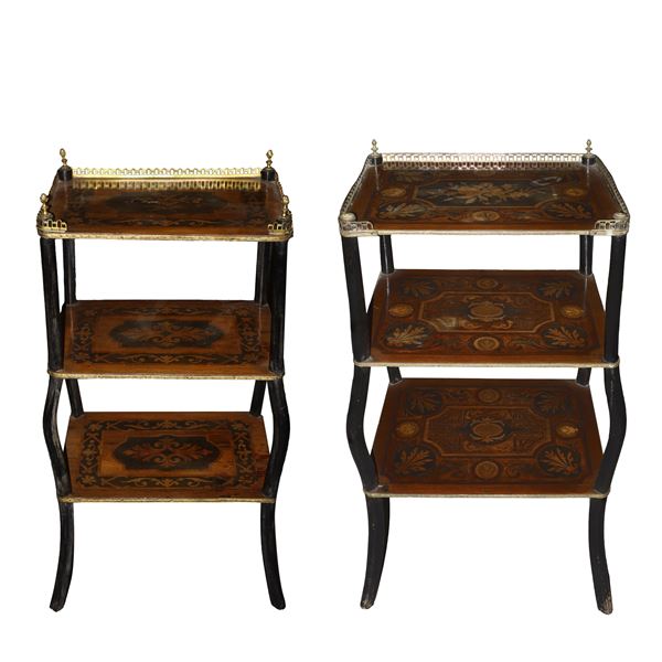Pair of small tables with three inlaid shelves