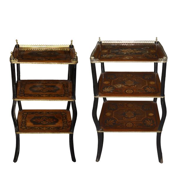 Pair of three-tier inlaid tables