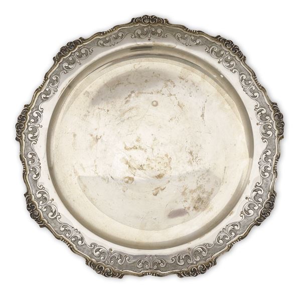 Round silver tray with engraved and embossed edge