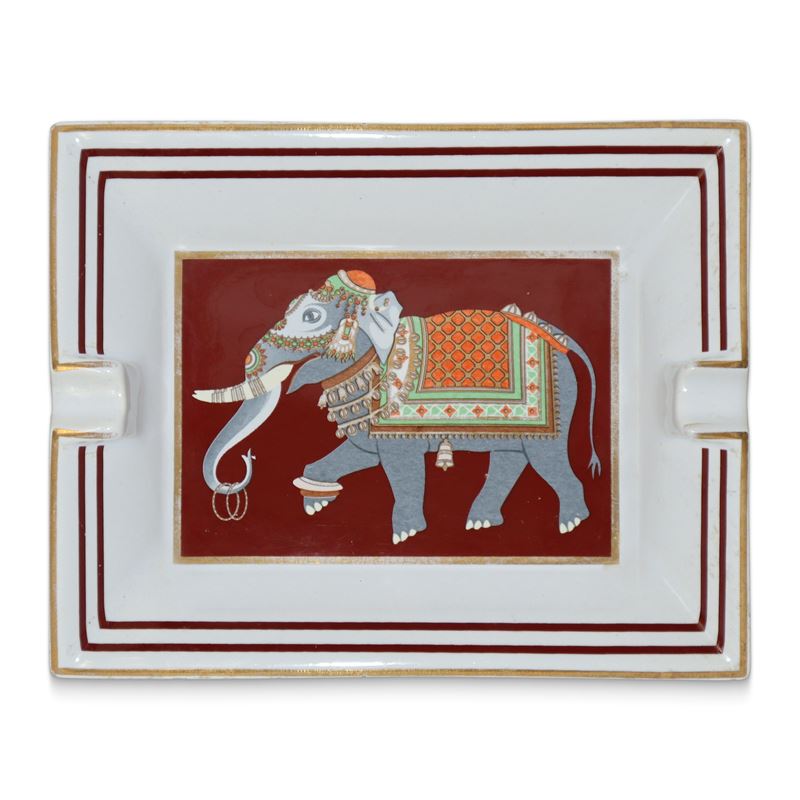 Hermès - Posacenere o Vide-poche in Porcellana con Decorazione di Elefante Indiano