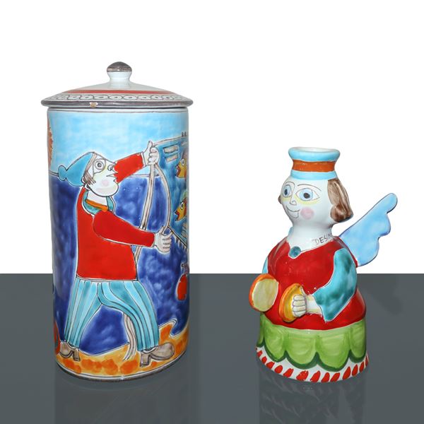 De Simone - Poutiche jar with fisherman and fish and angel with candle holder plates