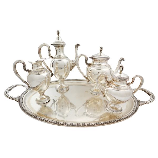 Silver service with tray, coffee pot, teapot, milk jug and sugar bowl