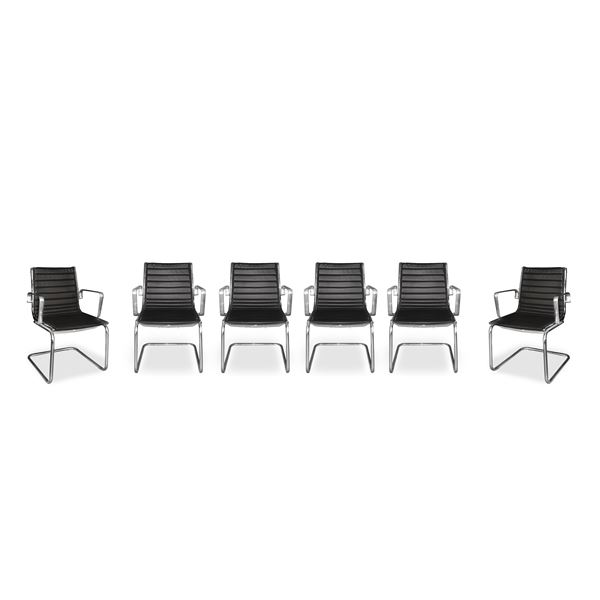 Six VINTAGE chairs PROD. ITALY IN BLACK LEATHER WITH CHROME TUBULAR BASE and flat chrome armrests