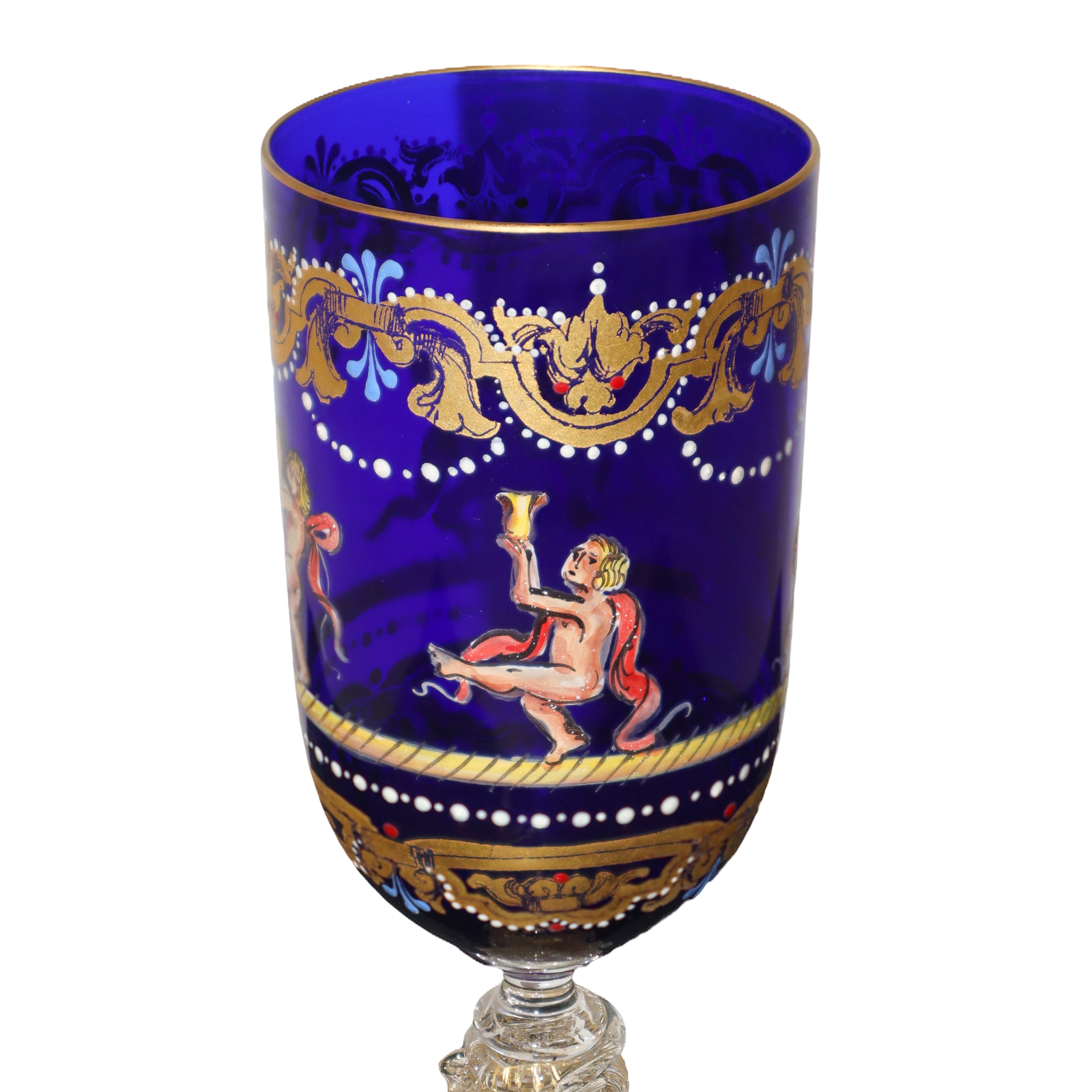 Bicchiere in vetro di Murano, decorato in oro su fondo blu, XX secolo