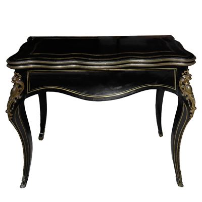 Tavolo da Gioco Pieghevole Napoleone III in Legno Ebanizzato Nero con Ottoni e Bronzi Dorati