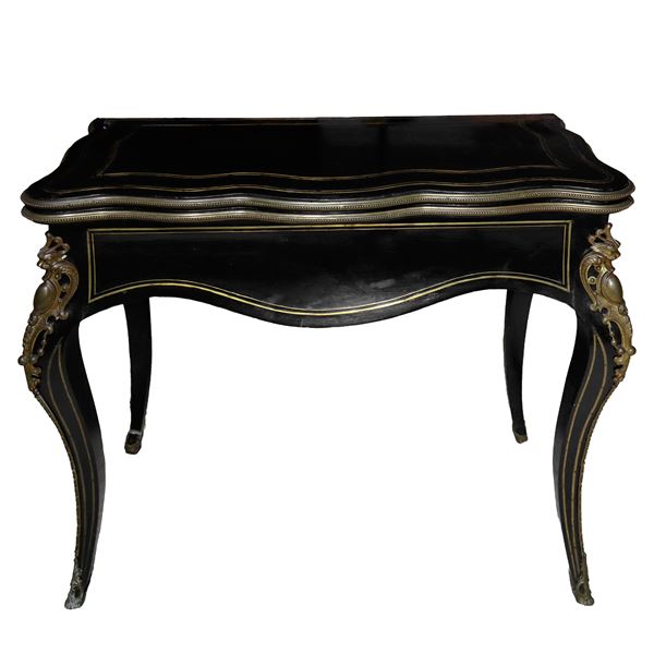 Tavolo da gioco pieghevole Napoleone III in legno ebanizzato nero con ottoni e bronzi dorati