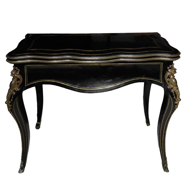Napoleon III folding game table in black ebonized wood with gilded brass and bronze
