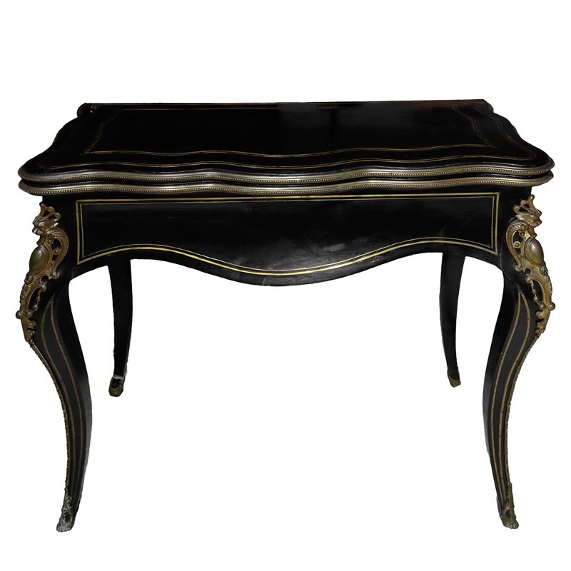 Tavolo da Gioco Pieghevole Napoleone III in Legno Ebanizzato Nero con Ottoni e Bronzi Dorati