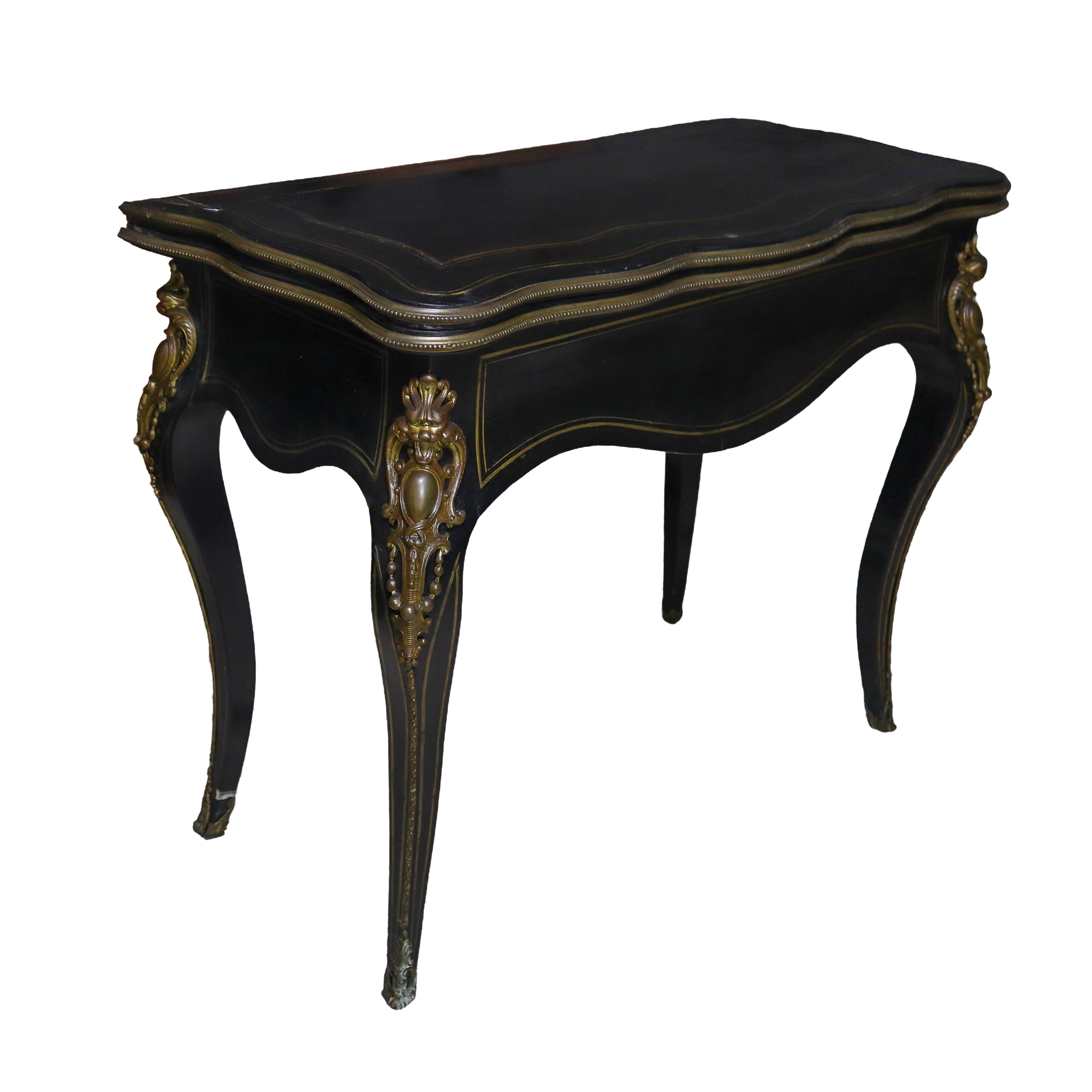Tavolo da Gioco Pieghevole Napoleone III in Legno Ebanizzato Nero con Ottoni e Bronzi Dorati