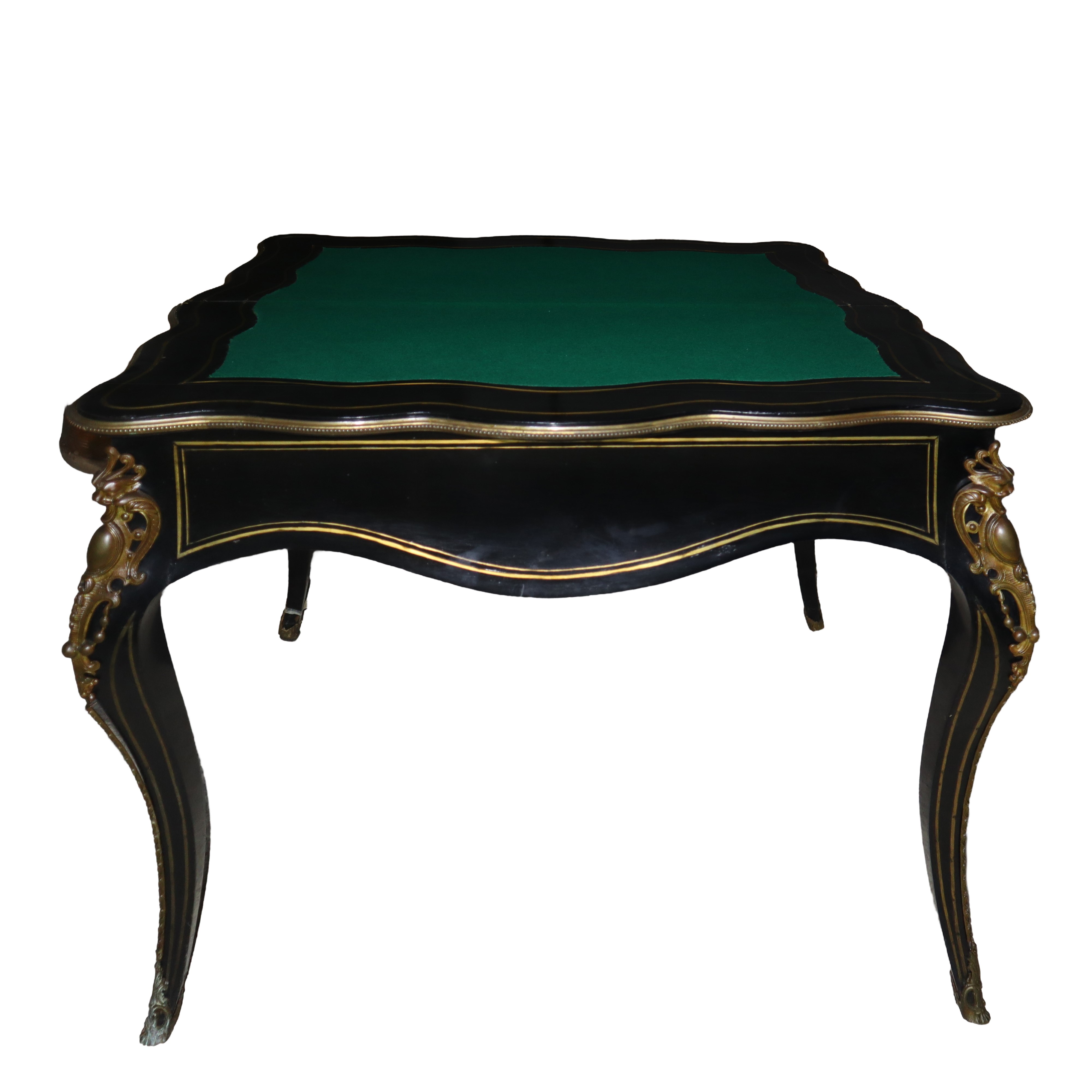 Tavolo da Gioco Pieghevole Napoleone III in Legno Ebanizzato Nero con Ottoni e Bronzi Dorati
