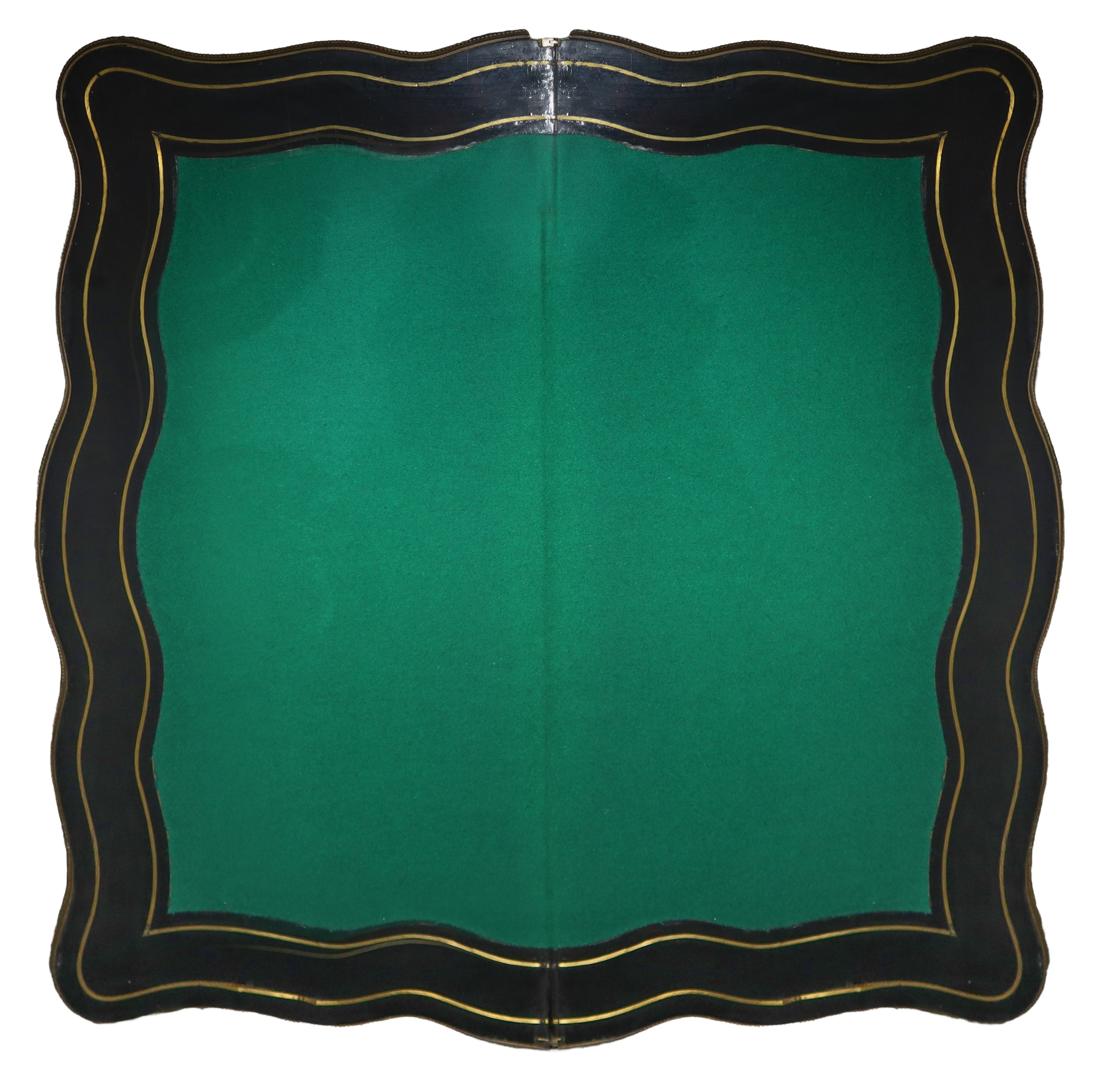 Tavolo da Gioco Pieghevole Napoleone III in Legno Ebanizzato Nero con Ottoni e Bronzi Dorati