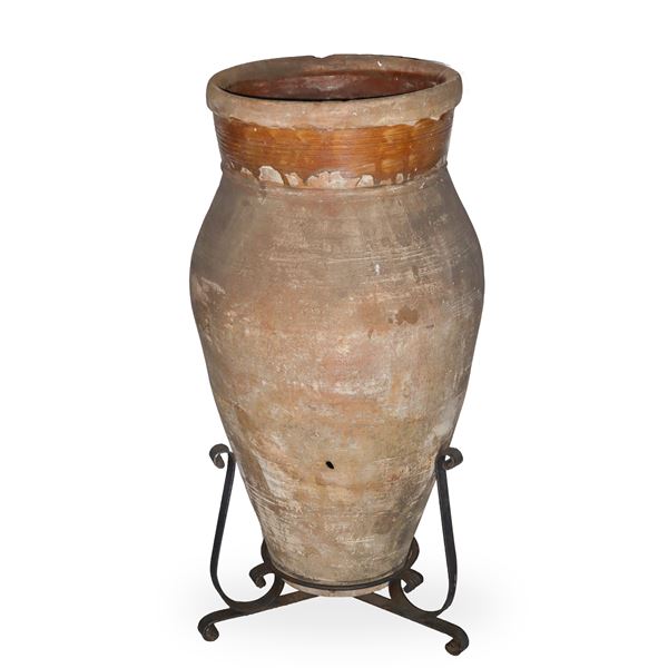 Terracotta jar with enamelled neck and iron base