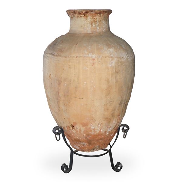 Terracotta jar with enamelled neck and iron base