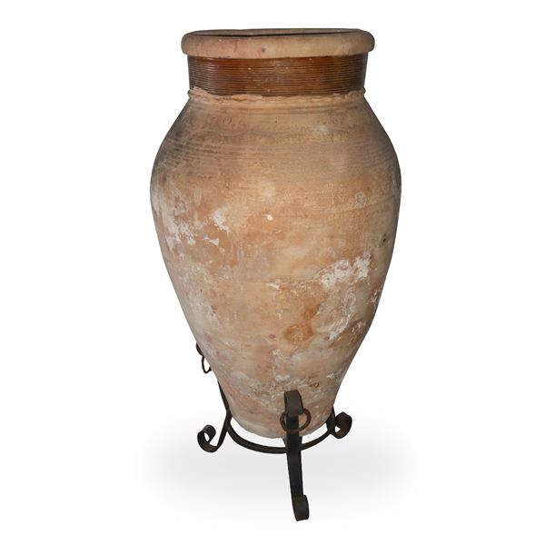 Terracotta jar with enamelled neck and iron base