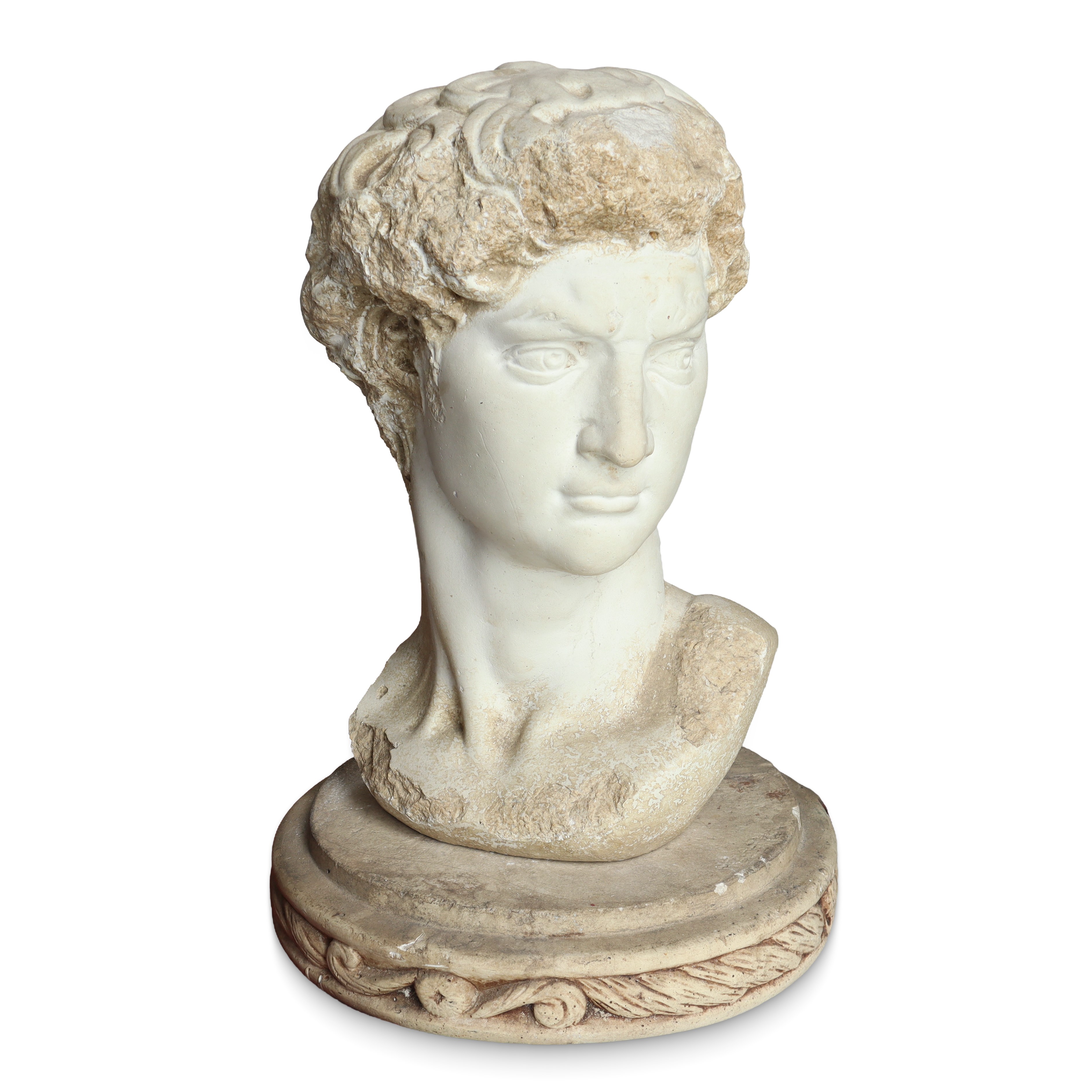 Testa di Giovane Romano in Pietra Ricostituita con Base Rotonda