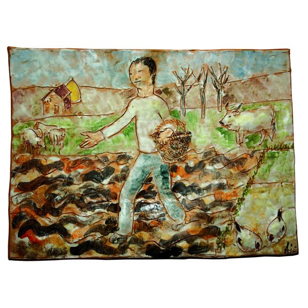 Aldo Ajò : Il seminatore  - Maiolica - Asta Asta Collezione Ceramiche Postmoderne PrimeDiCopertina - Casa d'aste La Rosa