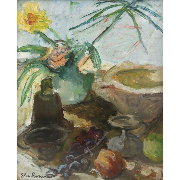 Elio Romano - Vaso con fiori, bottiglie, mortaio e frutta