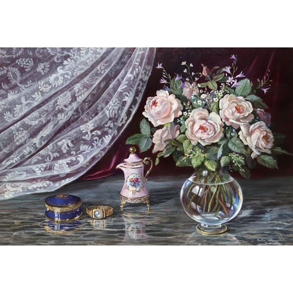 Vase with flowers and curtain