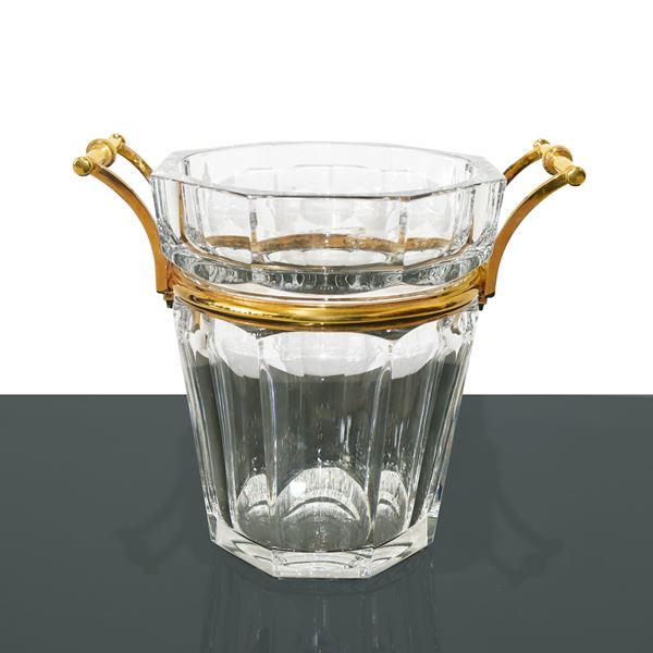 Baccarat France - Champagne bucket, Harcourt collection in transparent crystal and golden metal