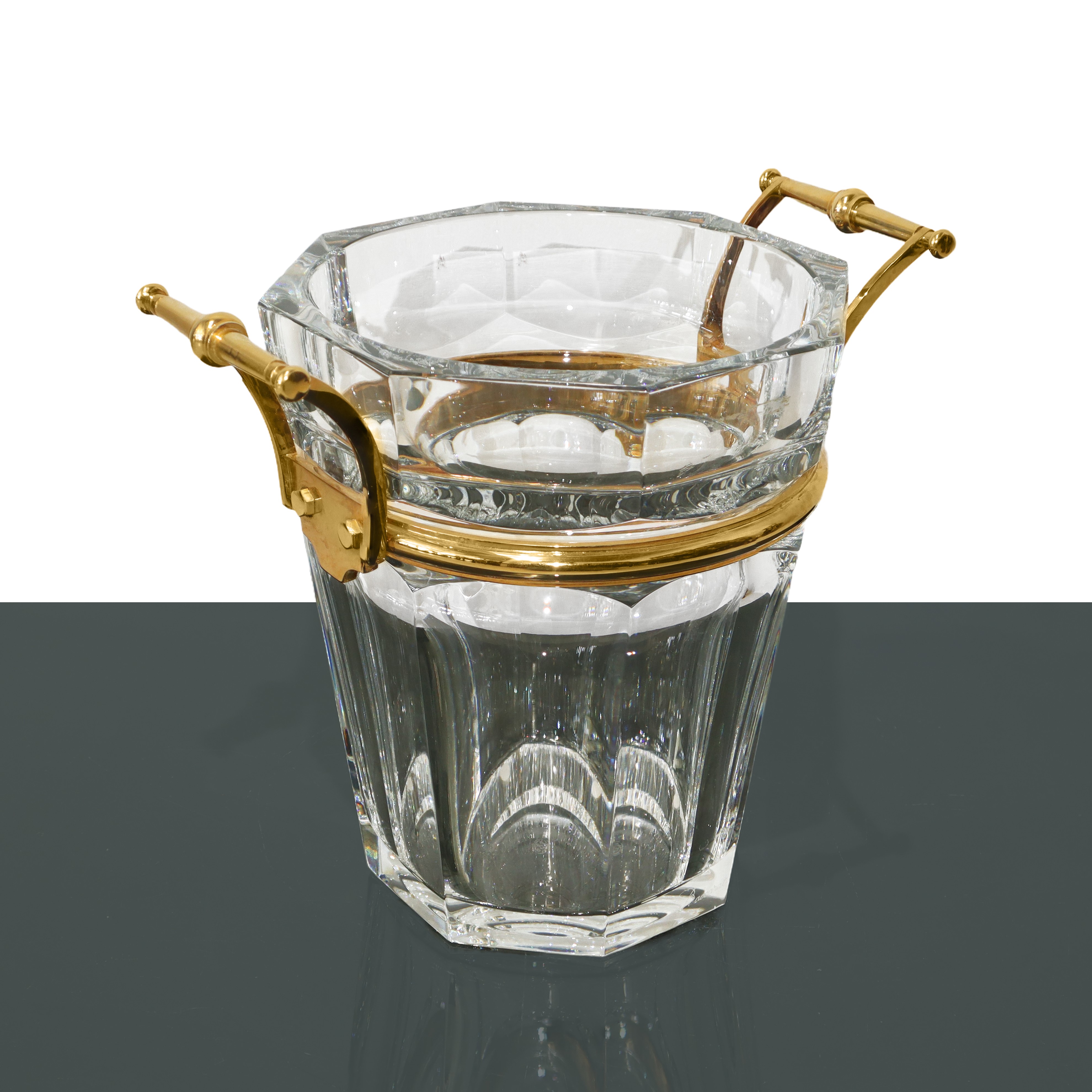 Secchiello porta champagne, collezione Harcourt in cristallo Baccarat trasparente e metallo dorat...