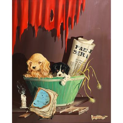 Cuccioli di cani in cesta, olio su tela