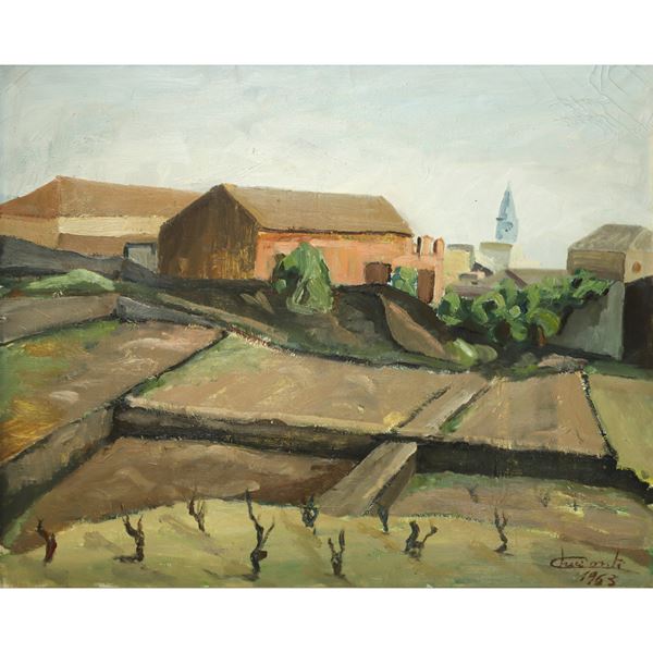 Landscape with houses and vine shoots