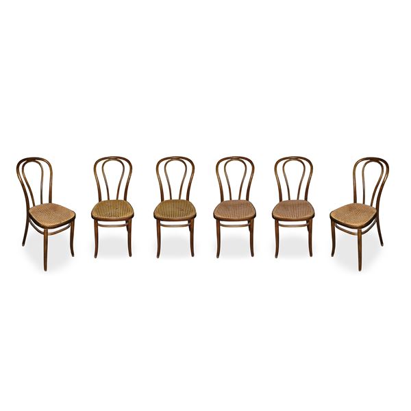 Six Thonet style chairs in beech wood with stitched Vienna straw seats