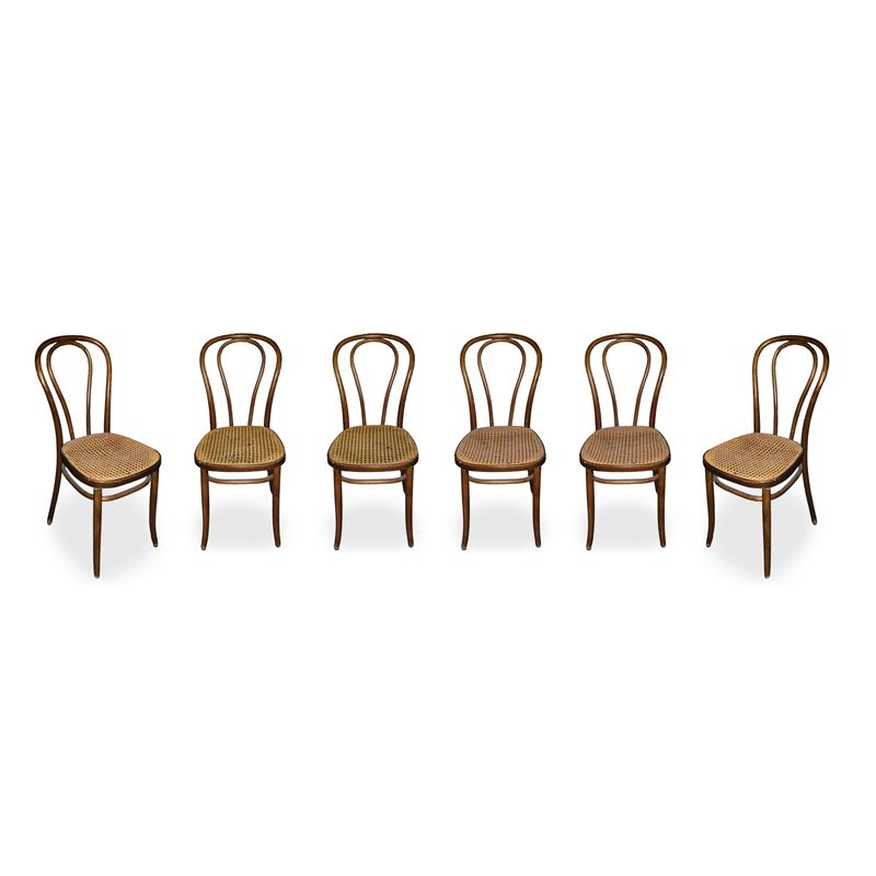 Sei Sedie in Stile Thonet in Legno di Faggio con Seduta in Paglia di Vienna Cucita