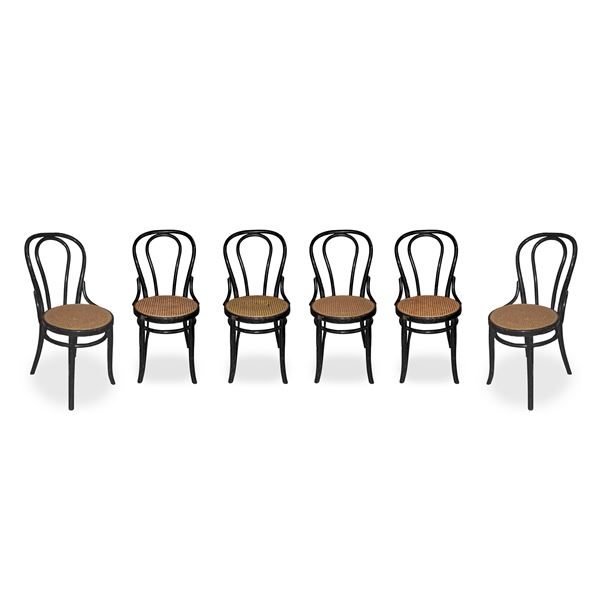 Six black lacquered Thonet style chairs