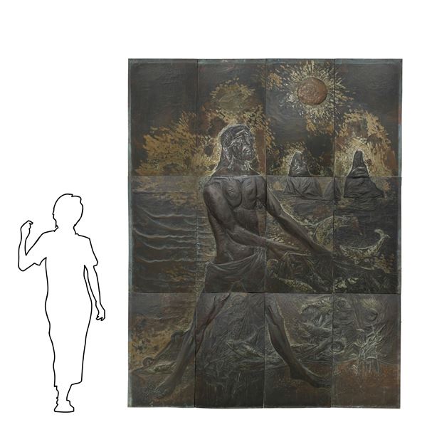 Sebastiano Milluzzo - Large brass plate panel depicting Fisherman in Acitrezza