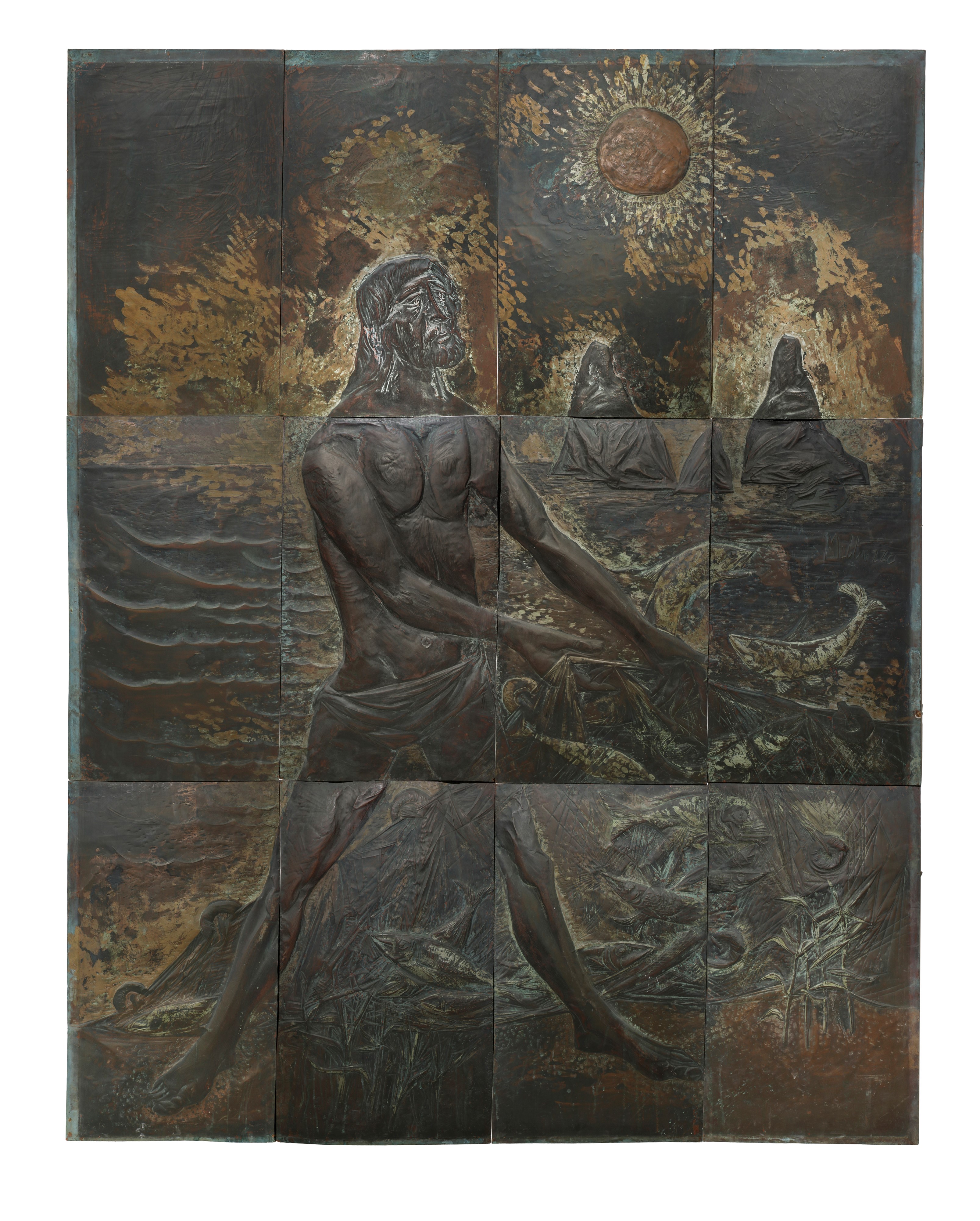 Grande pannello in lamina di ottone raffigurante Pescatore ad Acitrezza