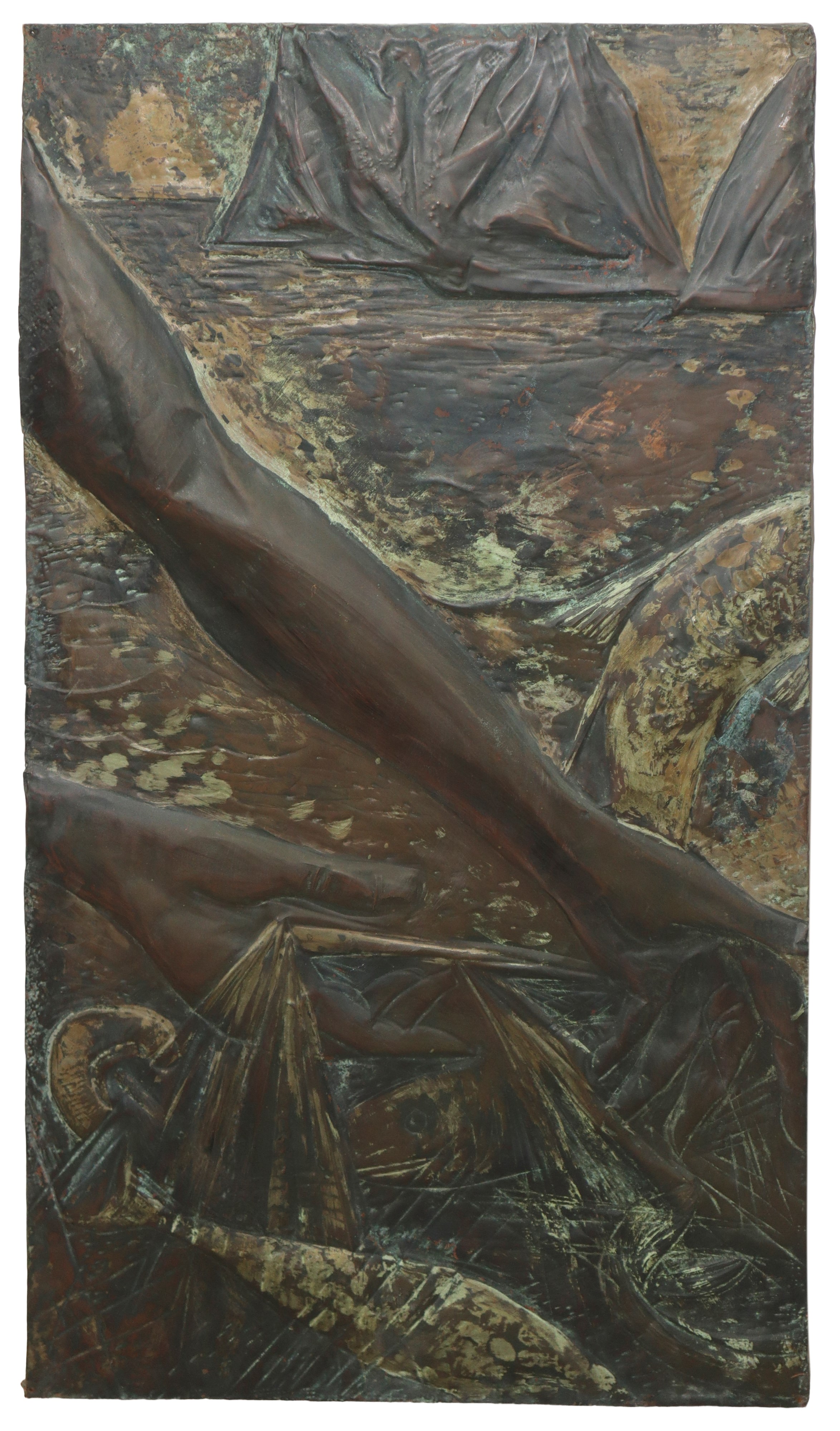 Grande pannello in lamina di ottone raffigurante Pescatore ad Acitrezza