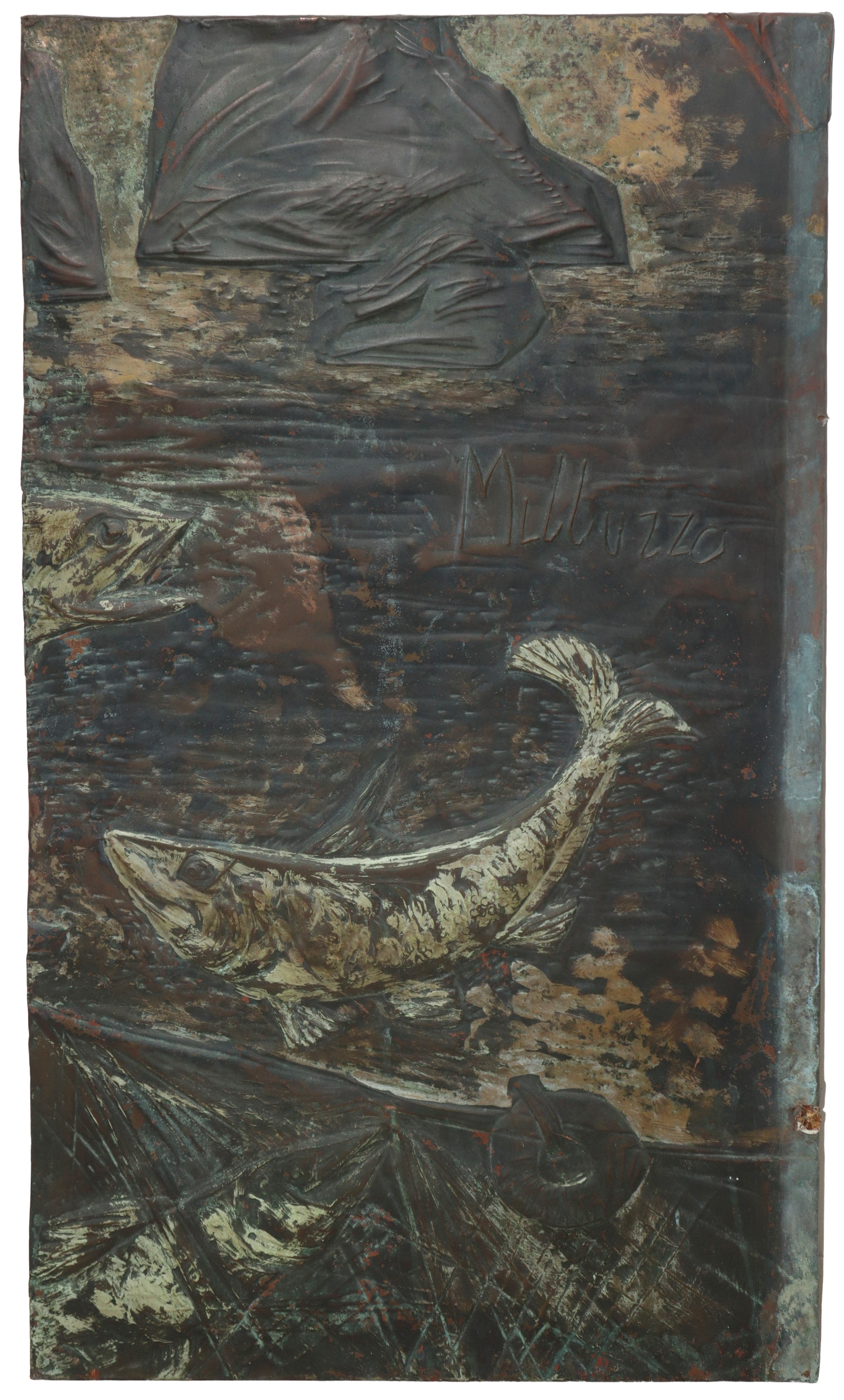 Grande pannello in lamina di ottone raffigurante Pescatore ad Acitrezza