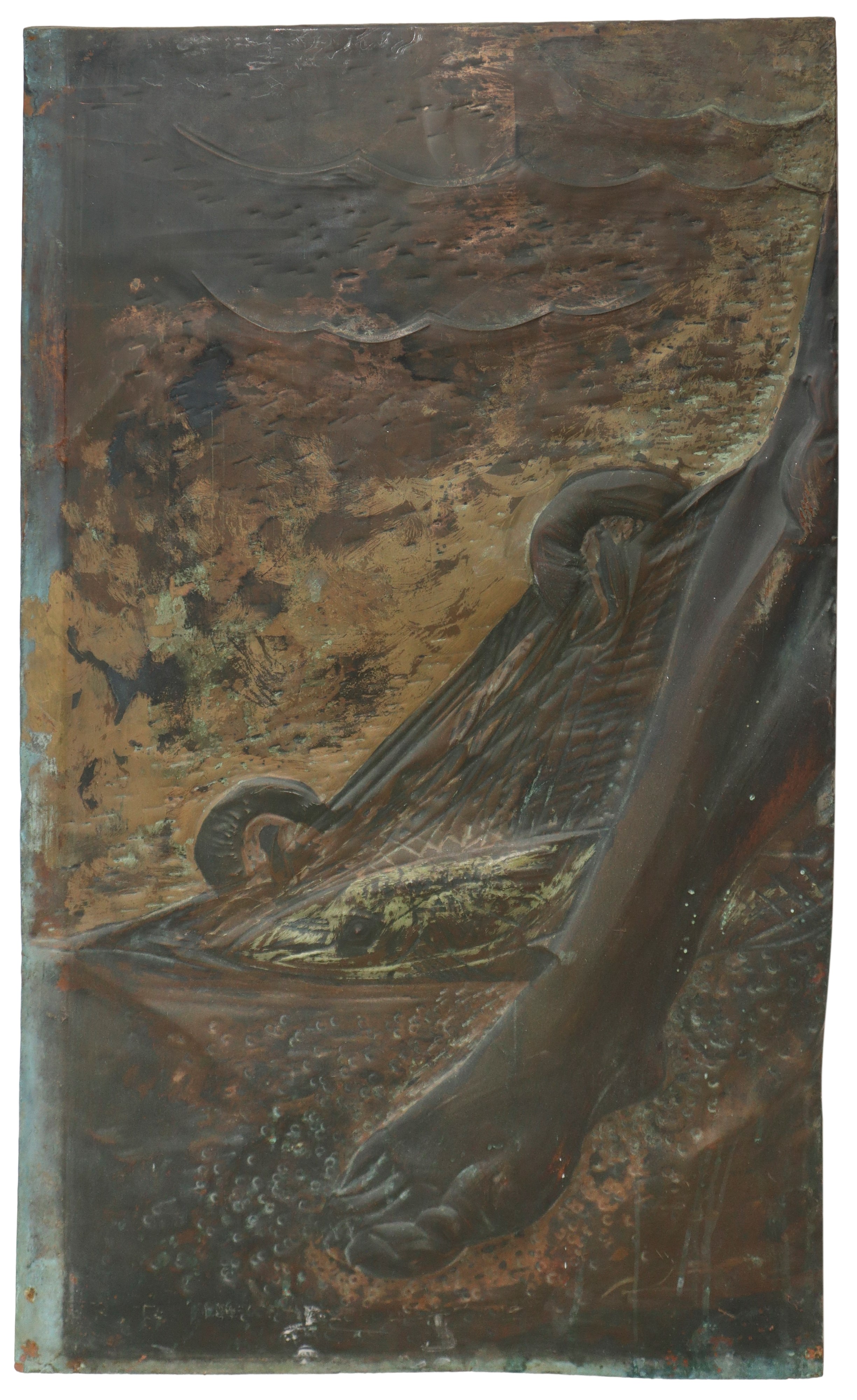 Grande pannello in lamina di ottone raffigurante Pescatore ad Acitrezza