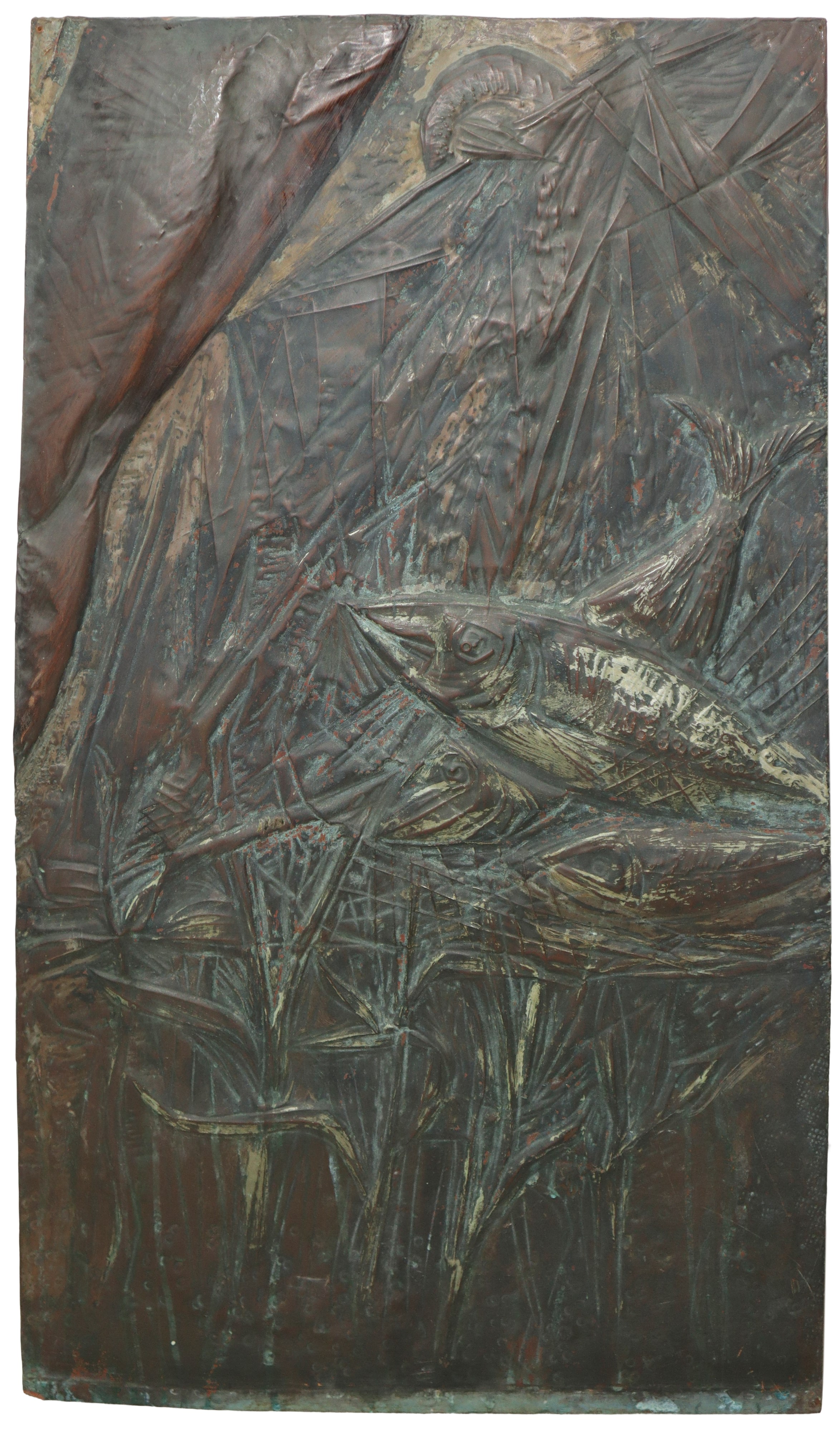 Grande pannello in lamina di ottone raffigurante Pescatore ad Acitrezza