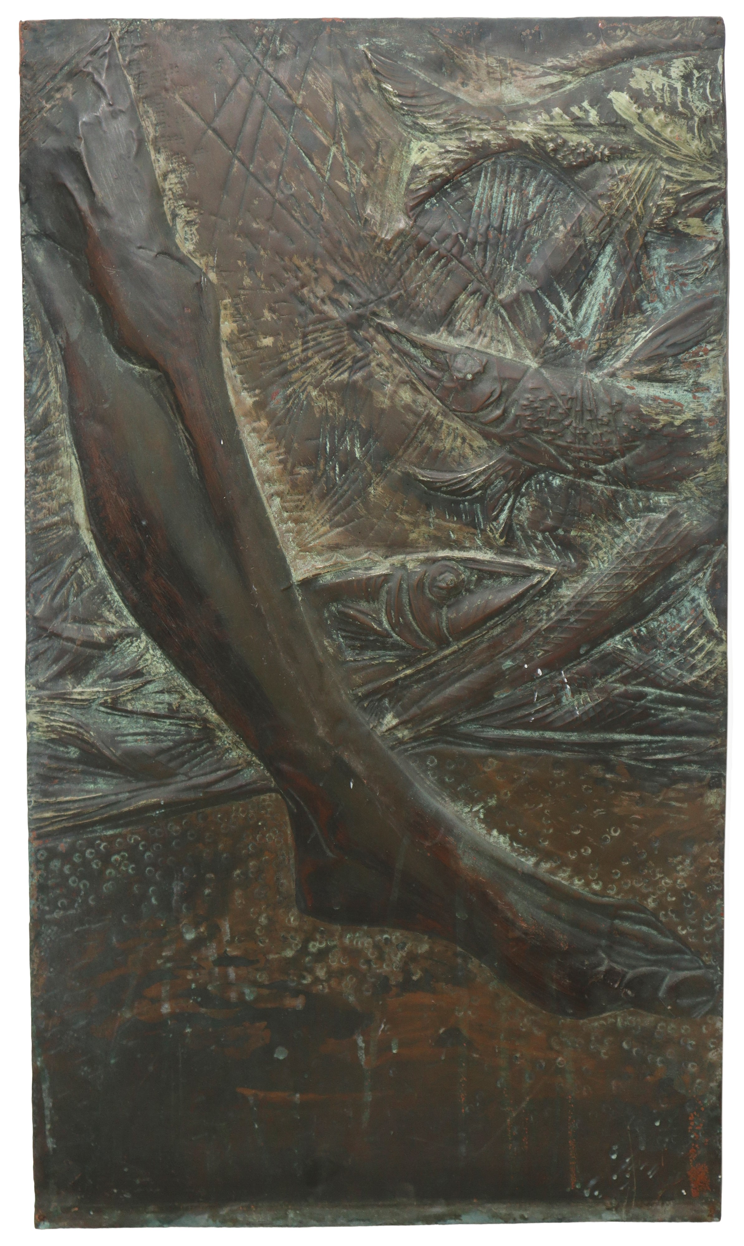 Grande pannello in lamina di ottone raffigurante Pescatore ad Acitrezza