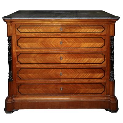 Cassettone in legno di mogano, XIX secolo, con piano in marmo grigio bardiglio