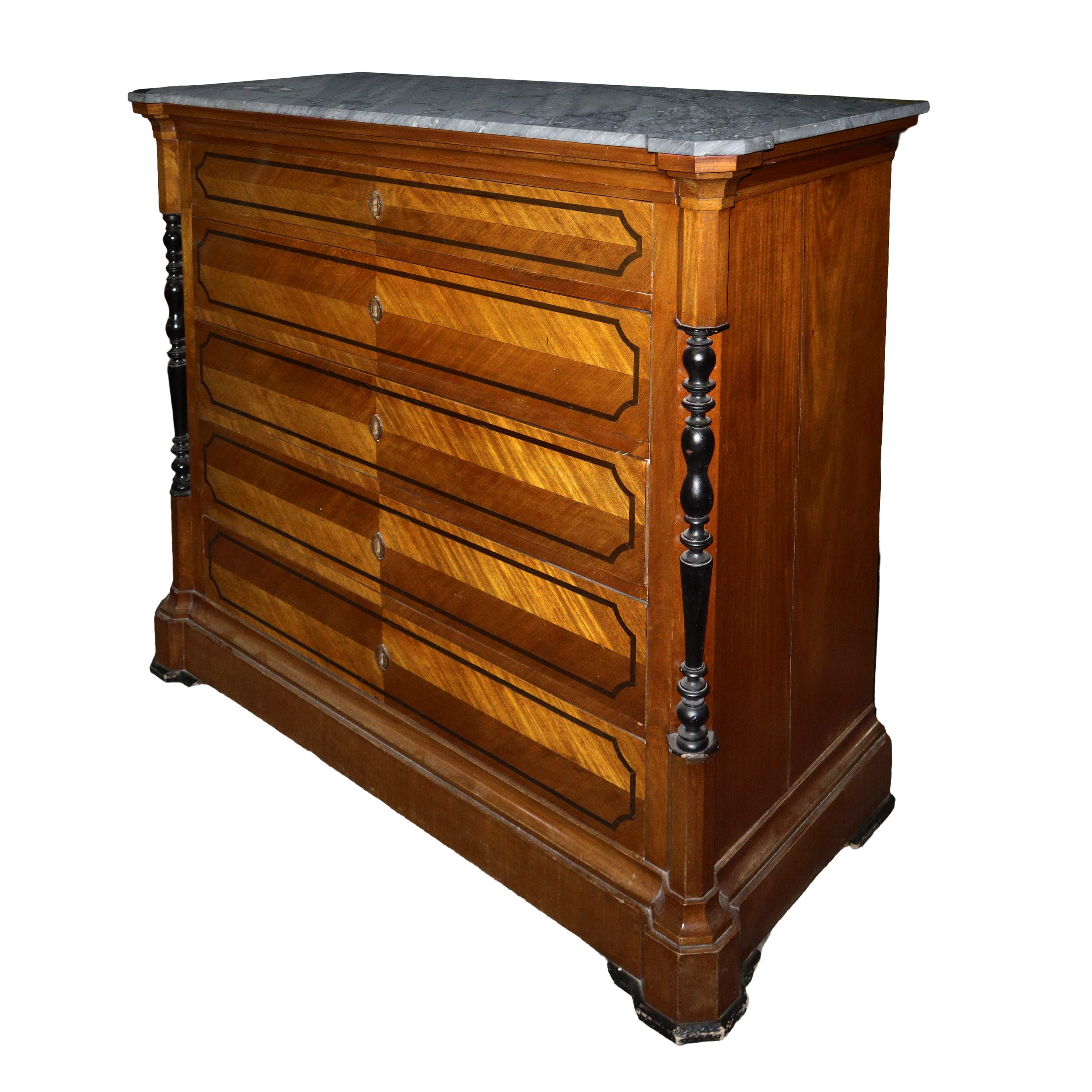 Cassettone in legno di mogano, XIX secolo, con piano in marmo grigio bardiglio