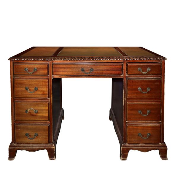 Walnut wood desk with top covered in imitation leather